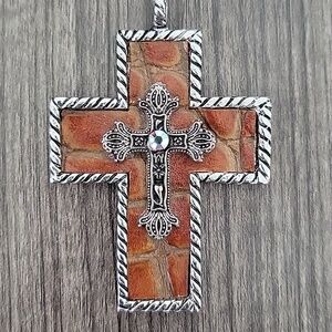 Cowboy Cross - Brown Leather Cross Pendant Necklace with Silver Accent